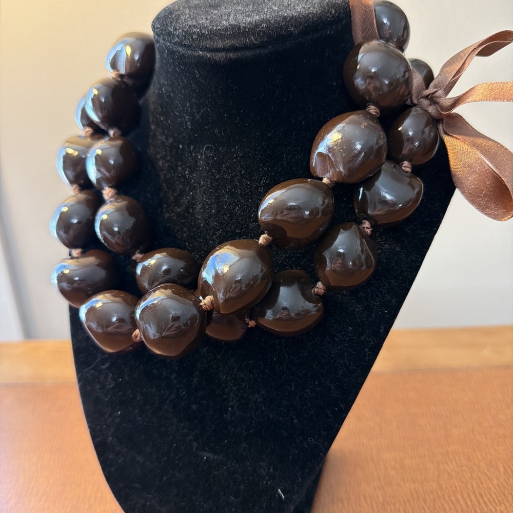 Hawaiian Brown Kukui Nut Lei Necklace & Ribbon Bow‎ Closure Knotted Between Nuts